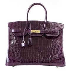 HERMES BIRKIN 35 Bag Very Rare Cassis Porosus Crocodile Gold Hardware 