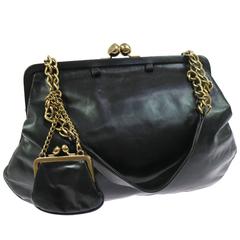 Chanel Black Leather Gold Kisslock Matching Pouch Evening Clutch Shoulder Bag
