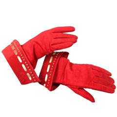 Vintage Yves Saint Laurent YSL Red Suede Gloves W/Gold Stud Trim