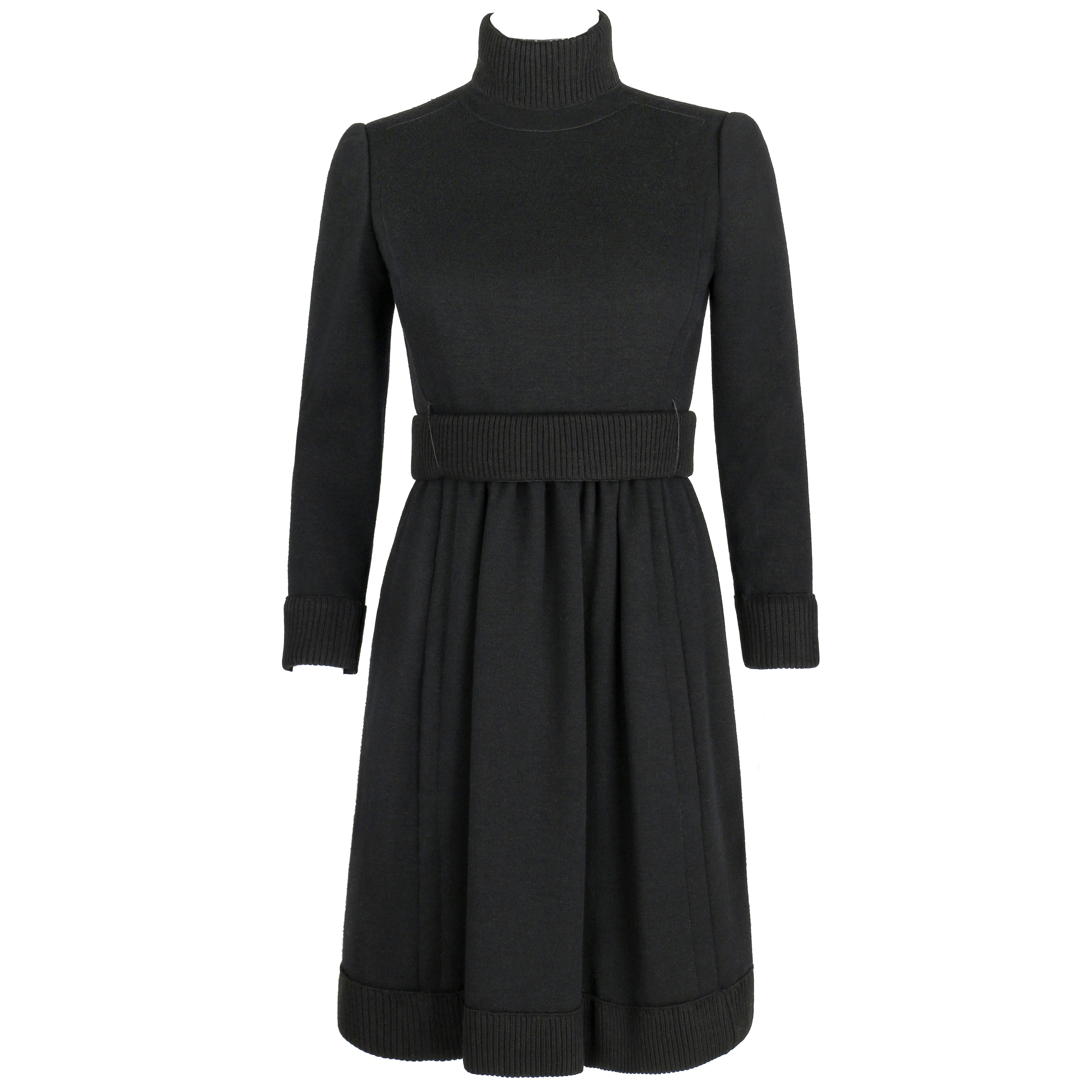 DONALD BROOKS c.1960's Black Mod Ribbed Mock Neck Button Up Belted Coat Dress