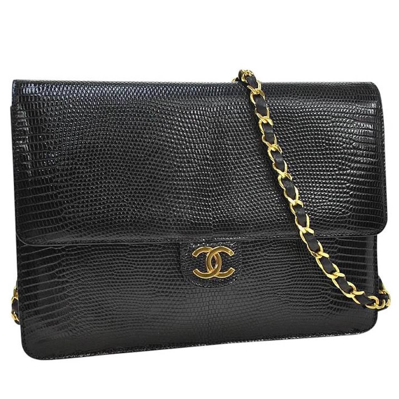 Chanel RARE Black Lizard Gold Evening Flap Shoulder Bag