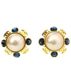 Chanel Faux Pearl and Blue Crystal Clip-On Earrings