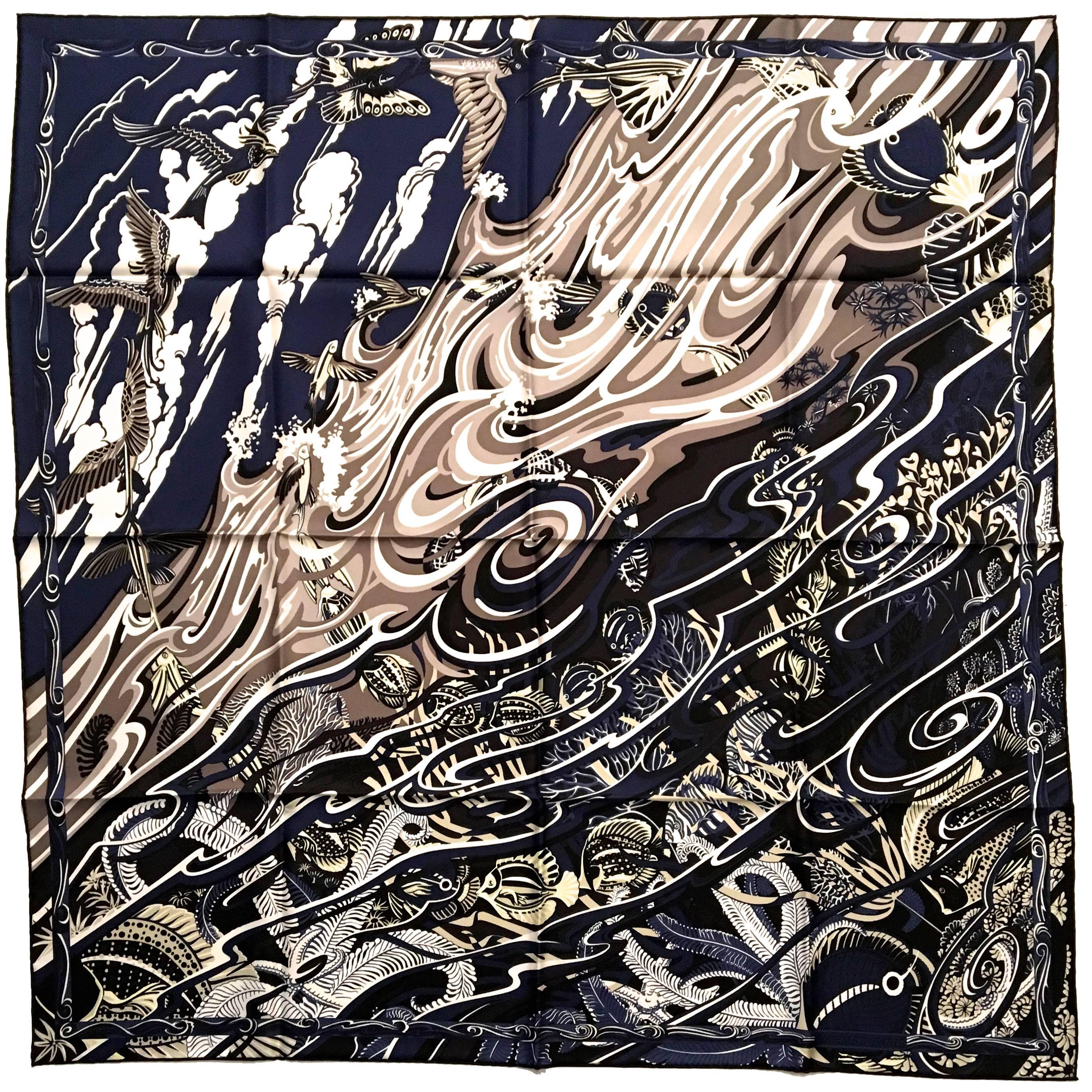 New Hermes Blue Fish Silk Scarf