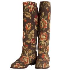 1980s Manolo Blahnik Floral Tapestry Tall Leather Boots