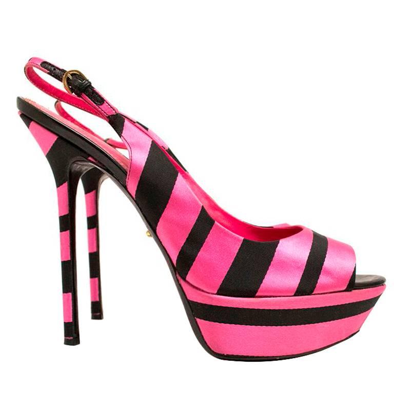  Sergio Rossi Pink & Black Striped Satin Peeptoe Heels For Sale