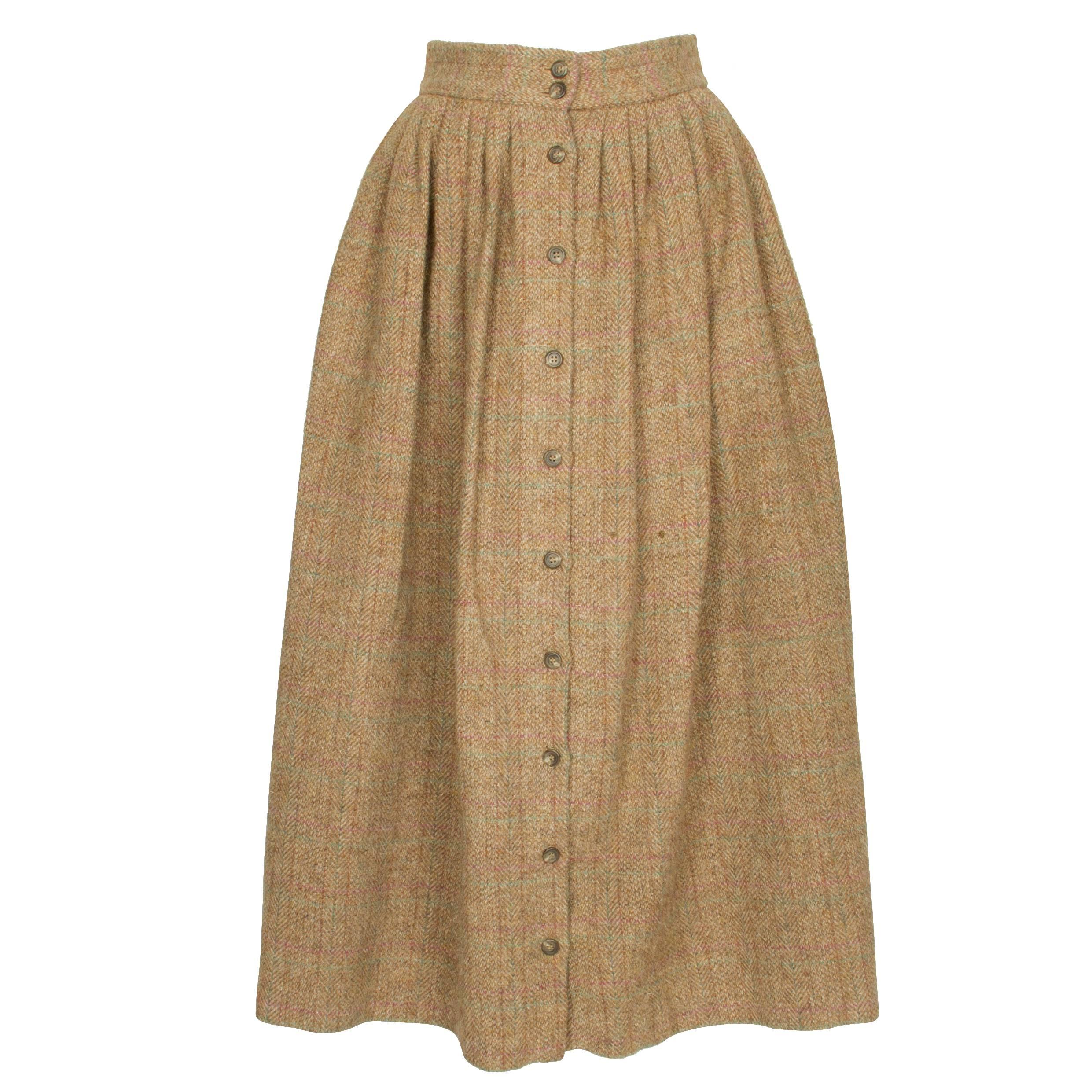 1980s Ralph Lauren Pale Brown Tweed Buttoned Down Skirt For Sale