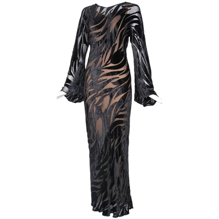 1974 Halston Documented Black Silk Velvet Burnout Evening Gown at 1stDibs | halston  halston 1974, vintage halston, evening caftan in black silk velvet