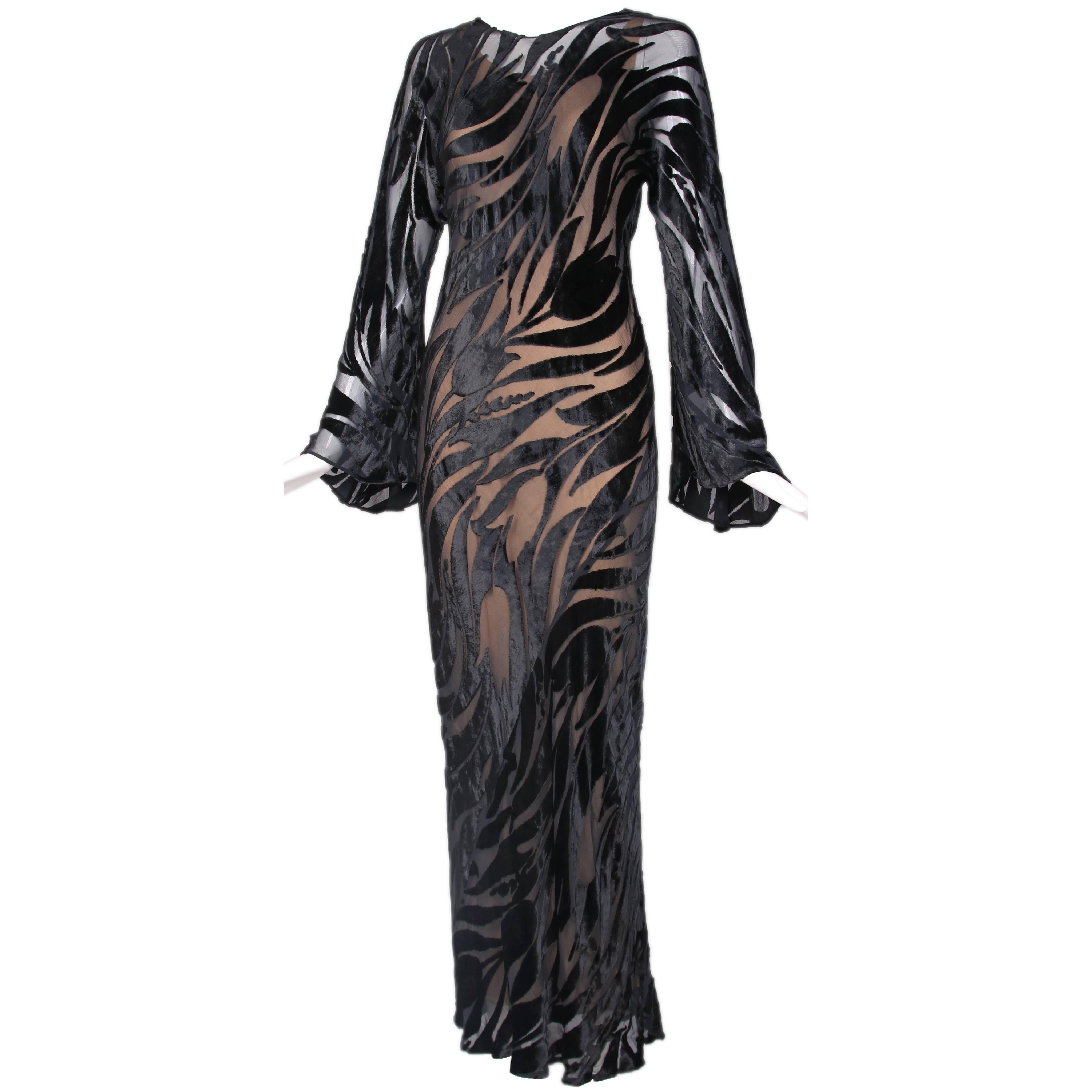 1974 Halston Documented Black Silk Velvet Burnout Evening Gown