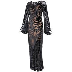 Vintage 1974 Halston Documented Black Silk Velvet Burnout Evening Gown