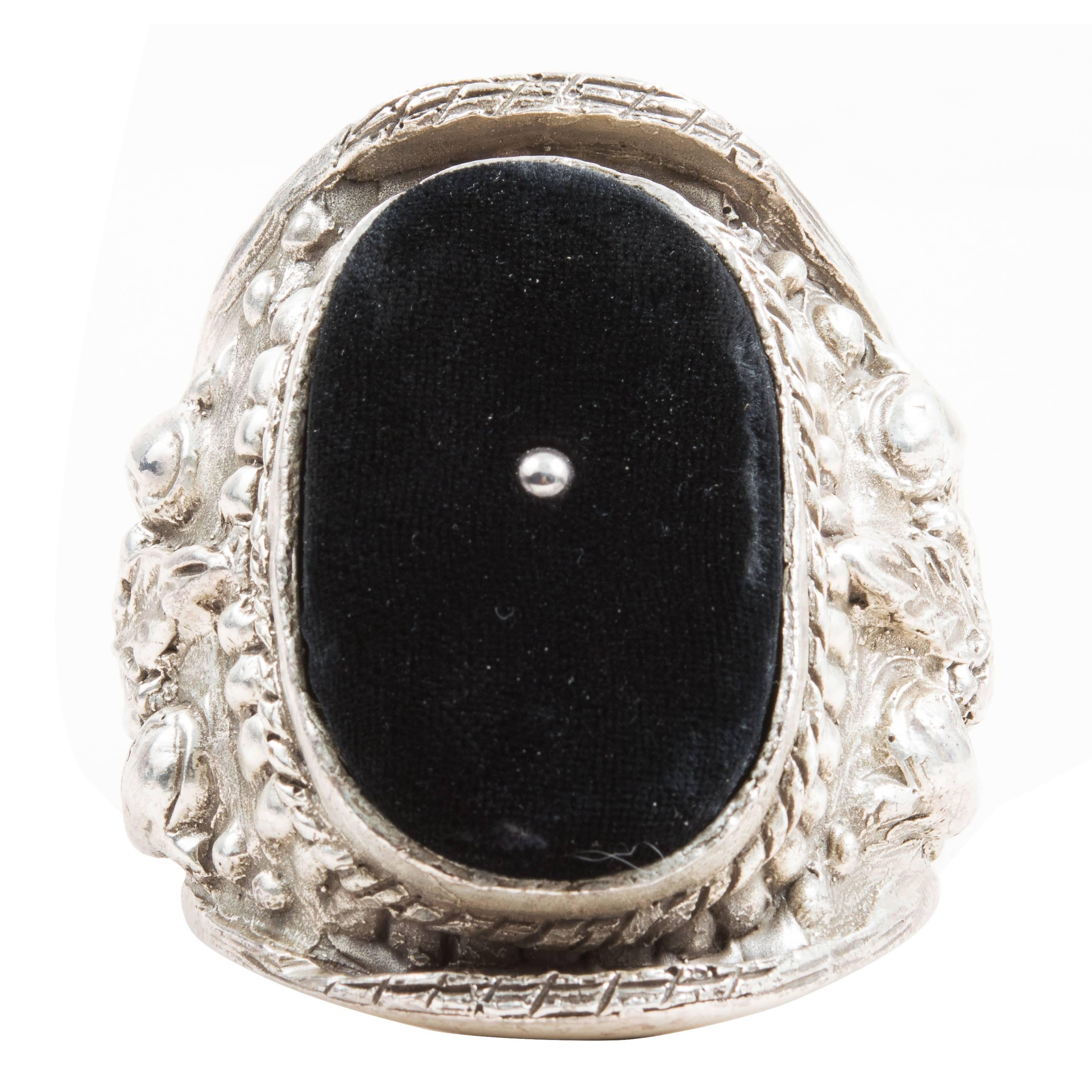 Vintage Yves Saint Laurent Silver Tone Black Velvet Baroque Cuff Bracelet For Sale