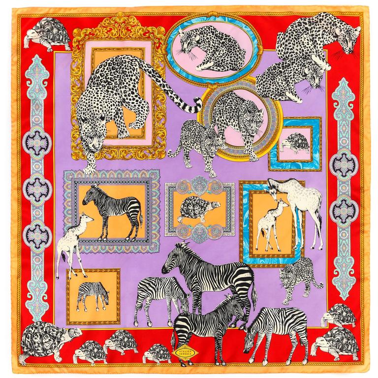 ATELIER VERSACE c.1980's Multicolored Baroque Frame Animal Print 100% Silk Scarf