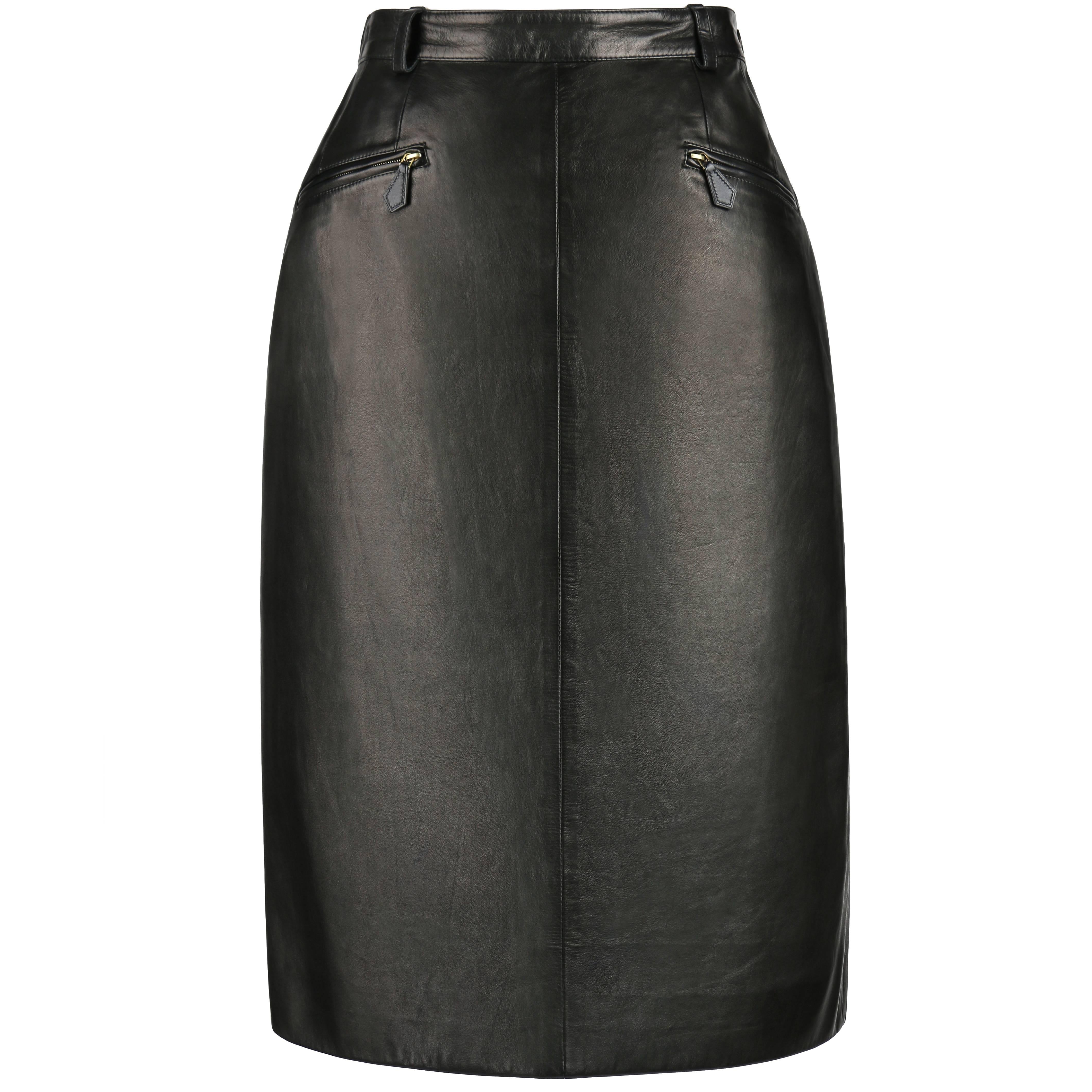 HERMES c.1990's Black Genuine Lambskin Leather Zipper Pencil Skirt Size ...