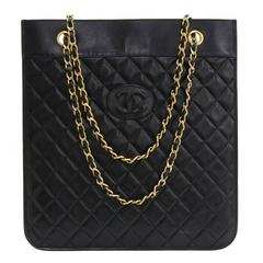 Vintage Chanel Black Quilted Leather Flat Shoulder Tote Bag