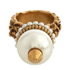 Gucci NEW Gold Pearl Textured Dagger Sphere Cocktail Fashion Ring in Box