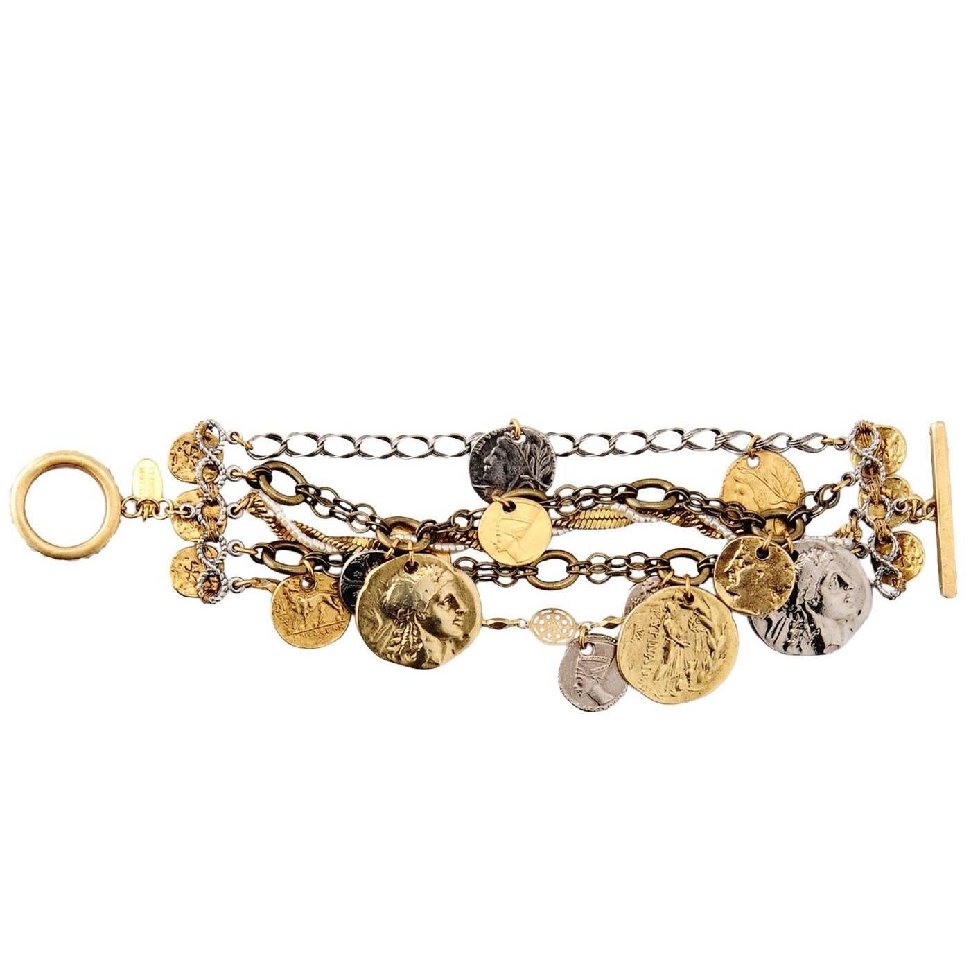 Miriam Haskell Mixed Media Gold Silver Metal Coin Medalion Chain Charm Bracelet