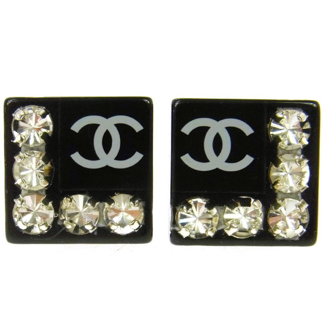 Chanel Black Resin Crystal Logo Square Stud Earrings