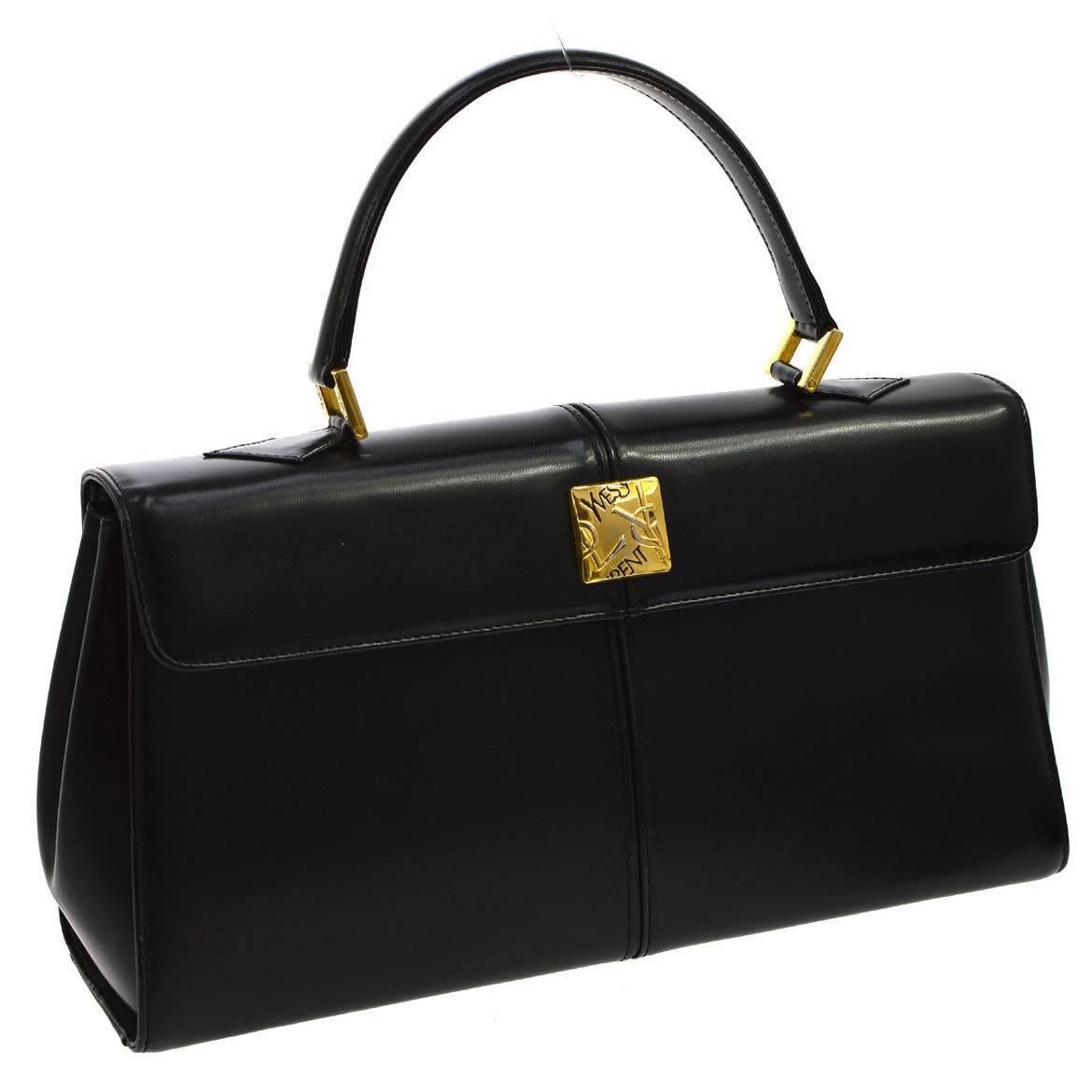 YSL Black Leather Top Handle Satchel Kelly Style Doctor Flap Bag at