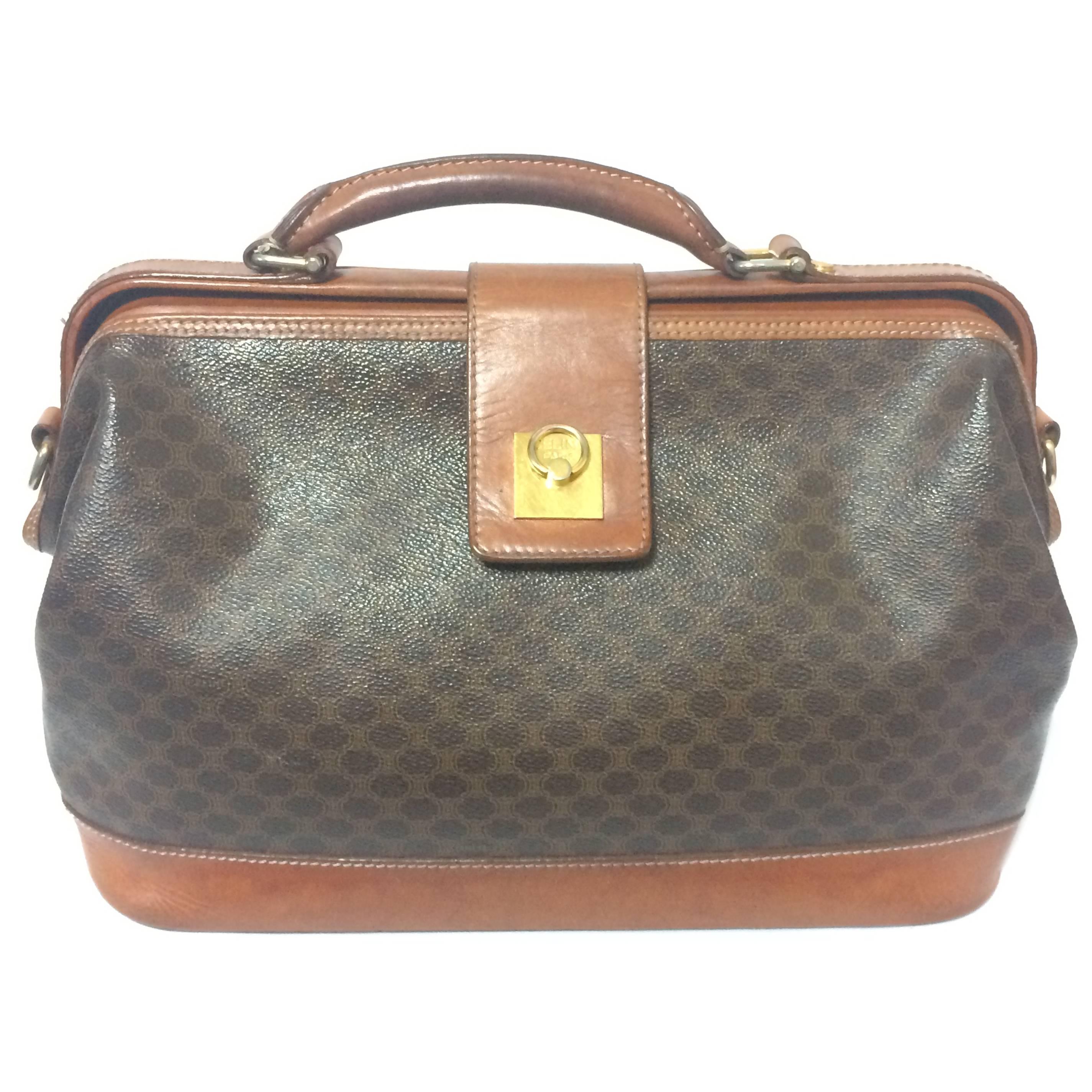 Vintage Celine brown macadam blaison doctor bag with brown leather trimmings. For Sale