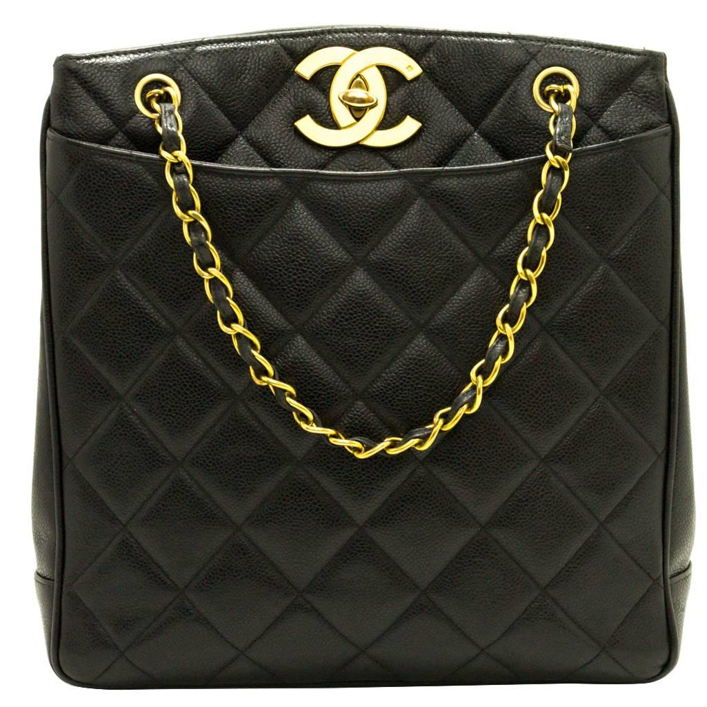 CHANEL Caviar Chain Handbag Bag Black Quilted Gold CC Leather Tote 