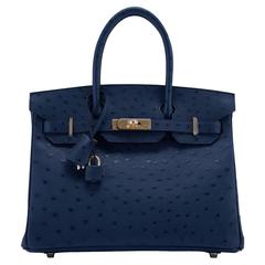 Hermes Handbag Birkin 30 Ostrich Leather 7L Blue de Malte Color GHW 2016