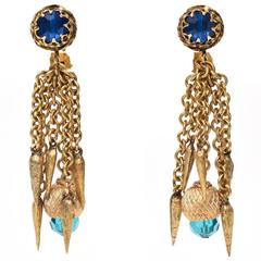 Pair of 1960's Gold Plated & Crystal Chain Dangle Clip On Earrings 9