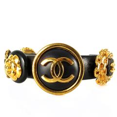 Chanel Vintage Leather Bracelet - Medallion Coin Charm Bangle CC Logo Gold Black