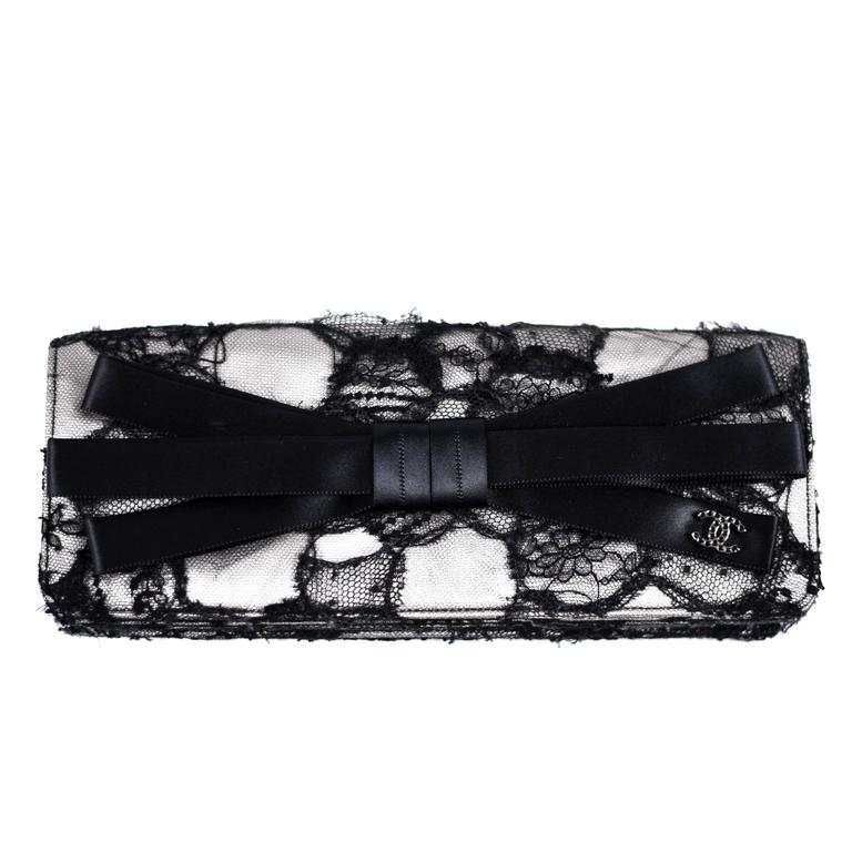 Chanel Lace Crystal Bow Clutch - 2009 Black White Satin CC Logo Silver ...