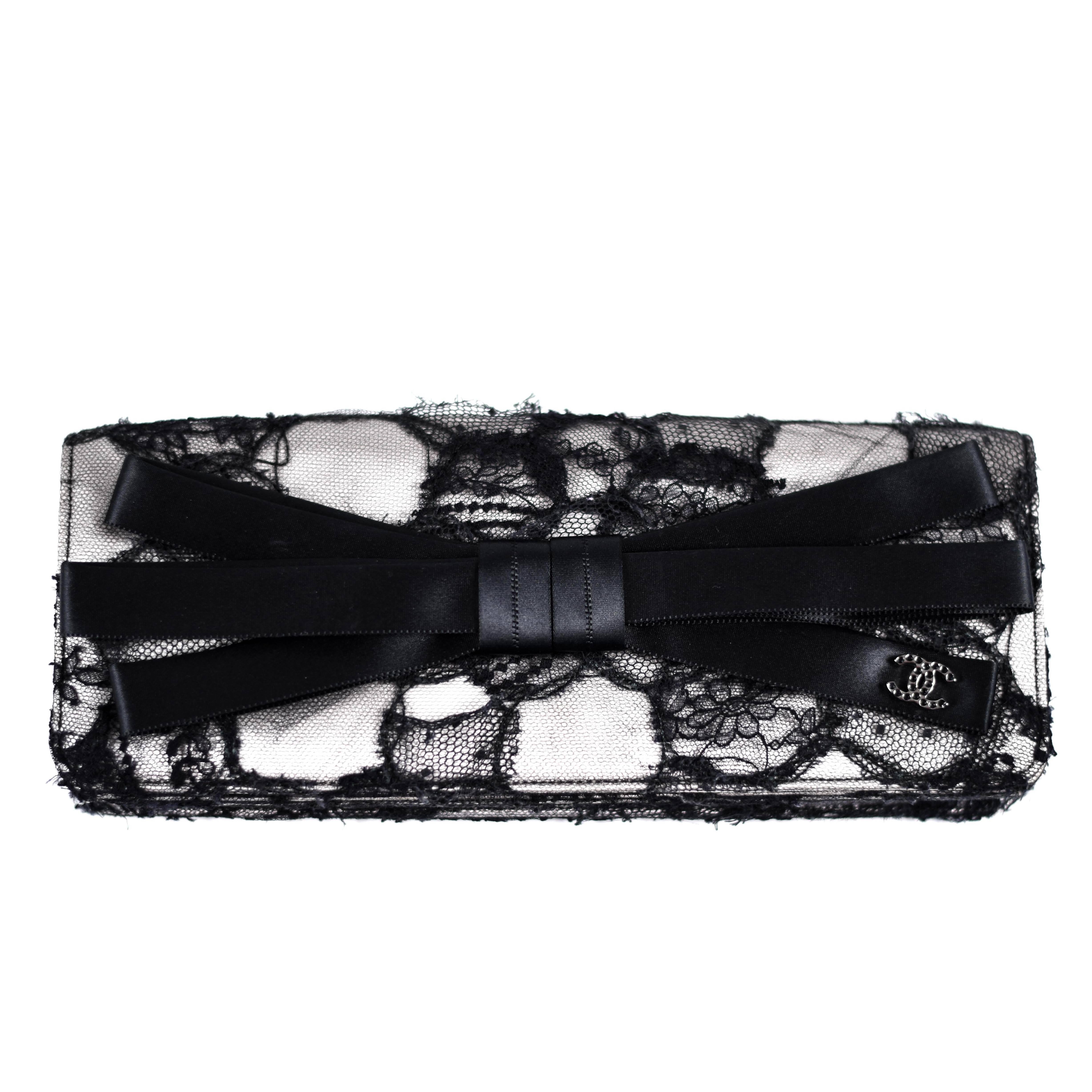 Chanel Lace Crystal Bow Clutch - 2009 Black White Satin CC Logo Silver Handbag For Sale