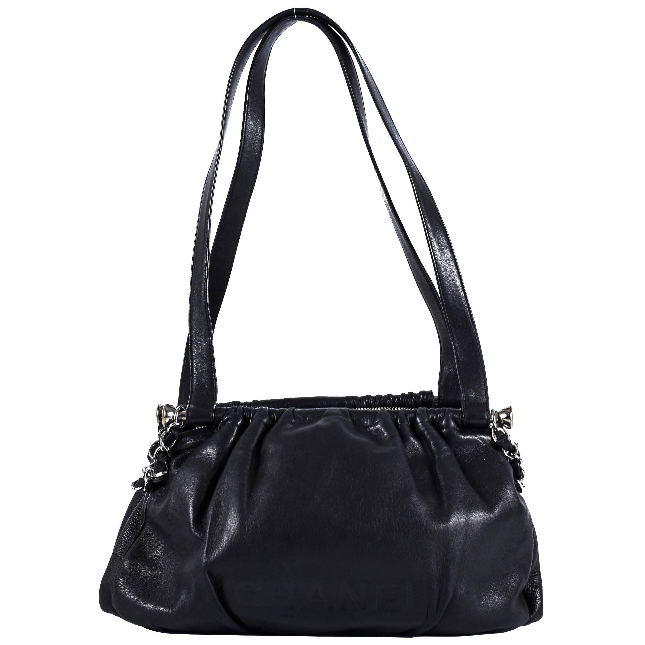 Chanel Logo Frame Shoulder Handbag - Black Leather Silver CC Chain Handbag LAX
