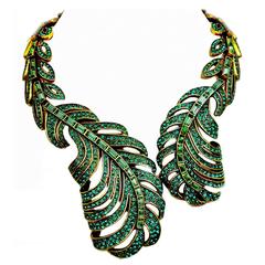 Signed Oscar De La Renta Green Crystal Feather Necklace 4