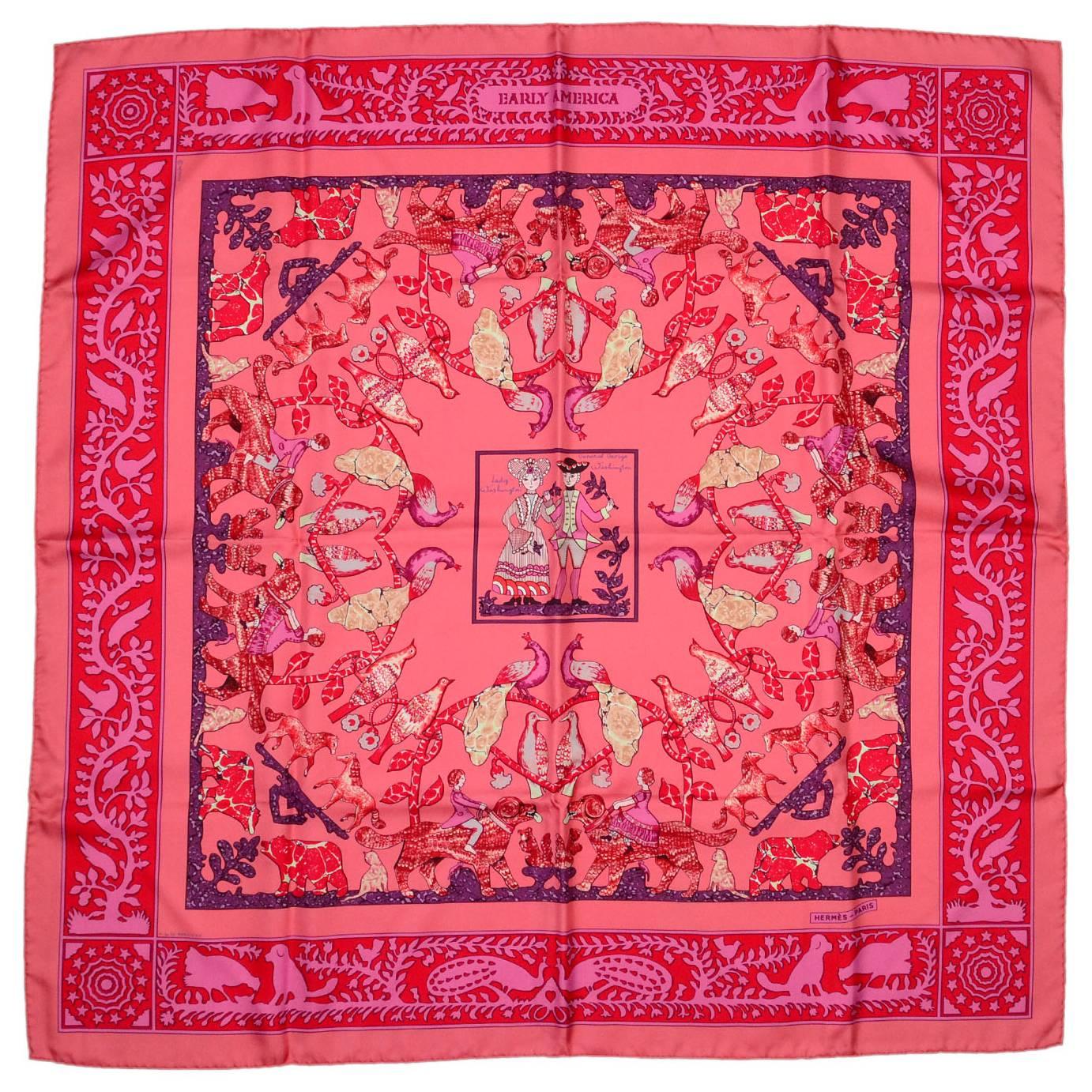 Hermes NEW Pink & Red Early America 36" Silk Scarf