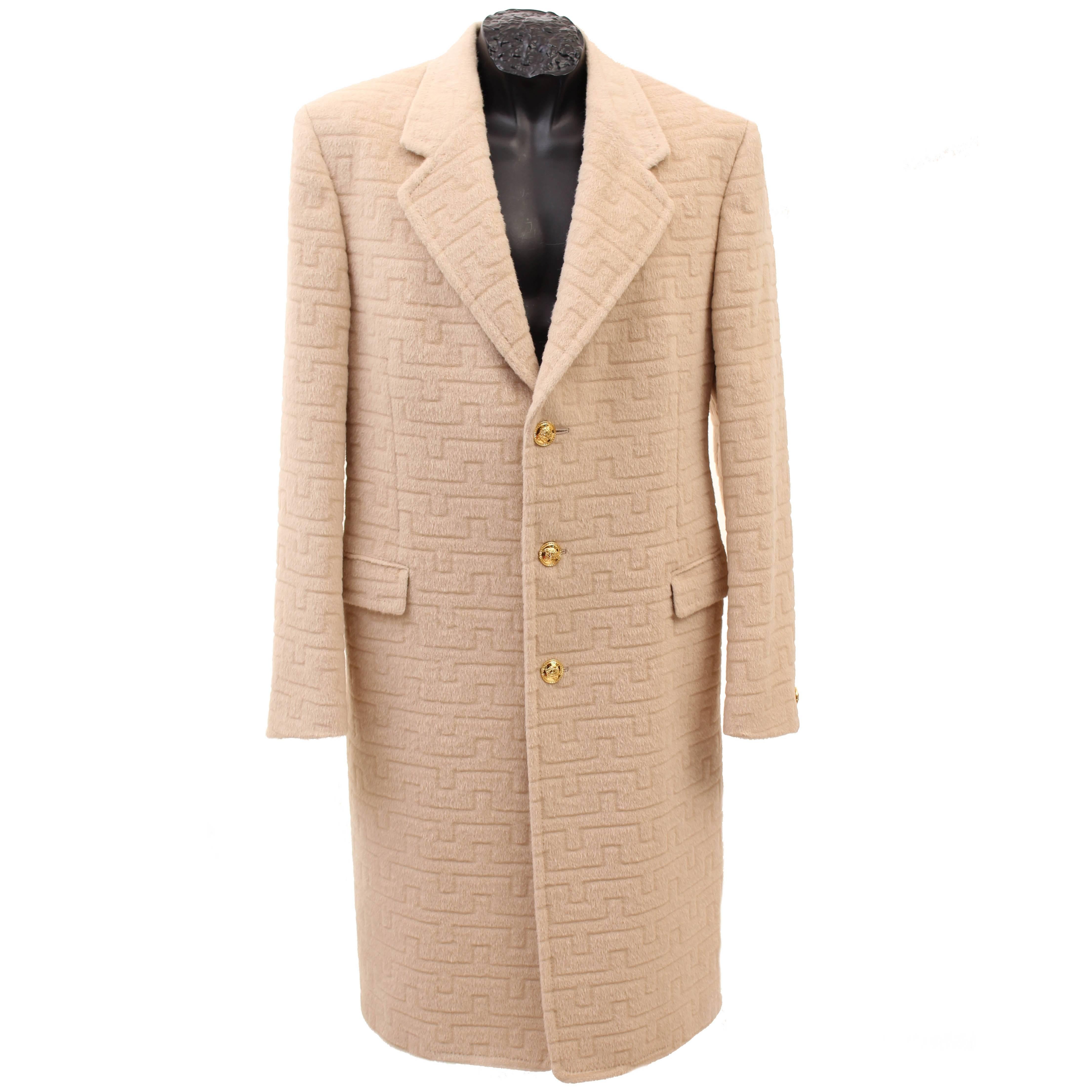  Versace Beige Textured Wool Coat for Men For Sale