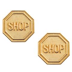 Moschino Couture NEW Gold Metal 'SHOP' Round Stud Button Earrings in Box