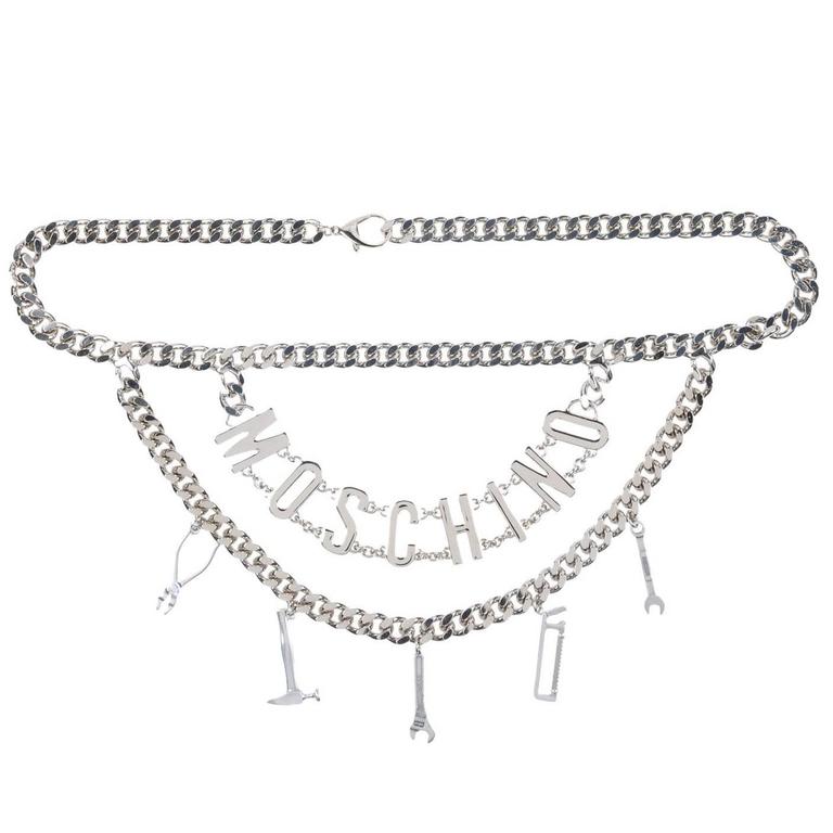 Moschino NEW Silver Double 'MOSCHINO' Logo Letter Charm Chain Waist Belt For Sale