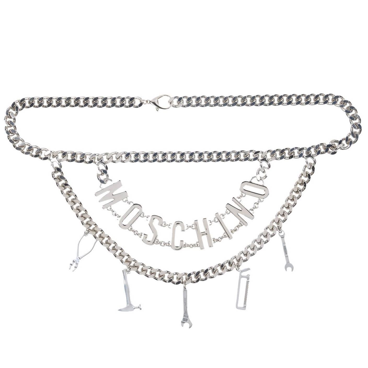 Moschino NEW Silver Double 'MOSCHINO' Logo Letter Charm Chain Waist Belt