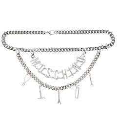 Moschino NEW Silver Double 'MOSCHINO' Logo Letter Charm Chain Waist Belt