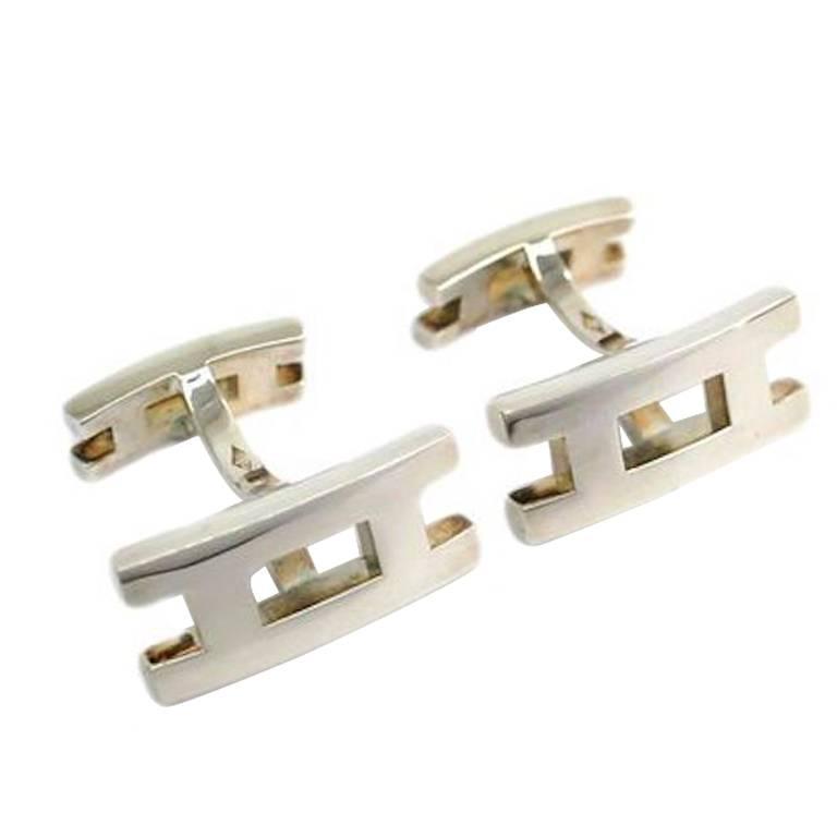 Hermes Genuine Sterling Silver Men's 'H' Logo Men's Cufflinks in Box at