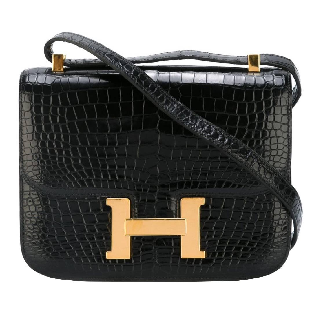 Stunning Hermes black Constance crocodile handbag 1975