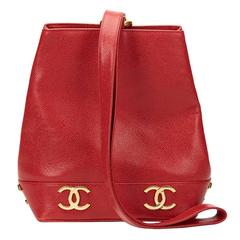 1990s Chanel Red Caviar Leather Vintage Bucket Bag
