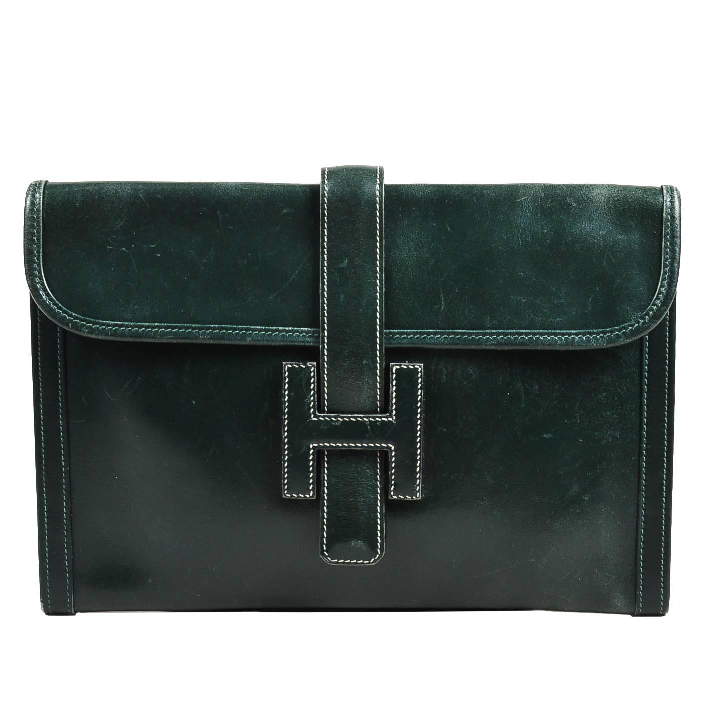 Vintage Hermes Dark Green Leather "Jige PM" Clutch For Sale