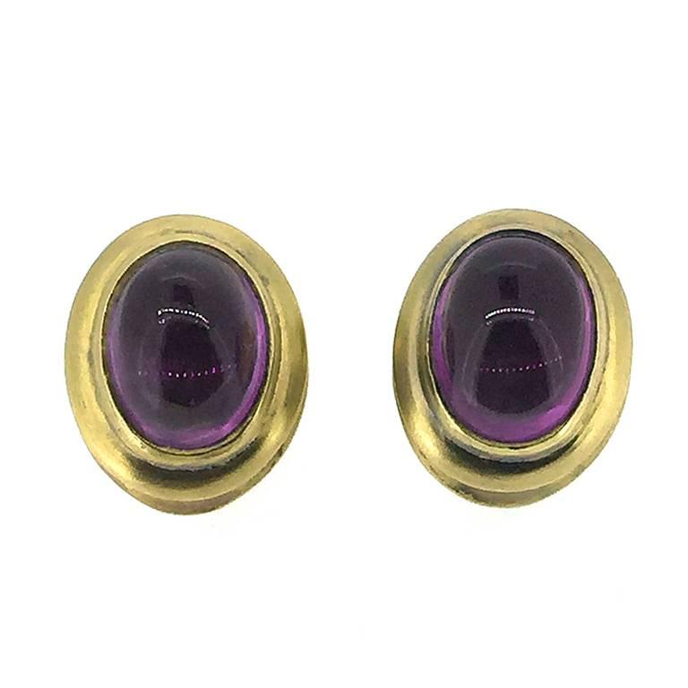 1980's Kai-Yin Lo Amethyst Cabochon and Vermeil on Sterling Clip Back Earrings