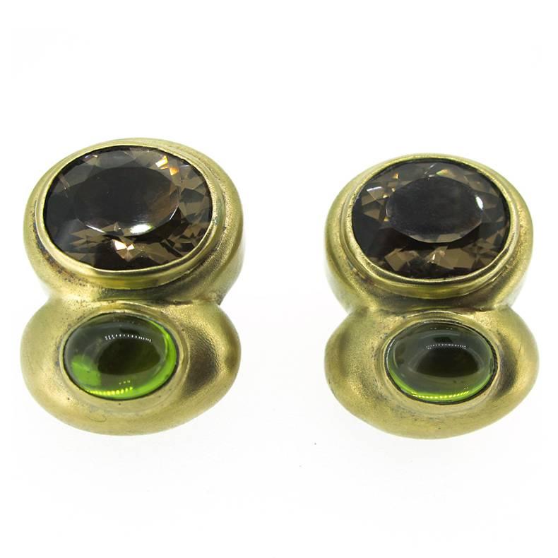 1980's Kai-Yin Lo Peridot & Smoky Quartz Vermeil on Sterling Clip Back Earrings For Sale