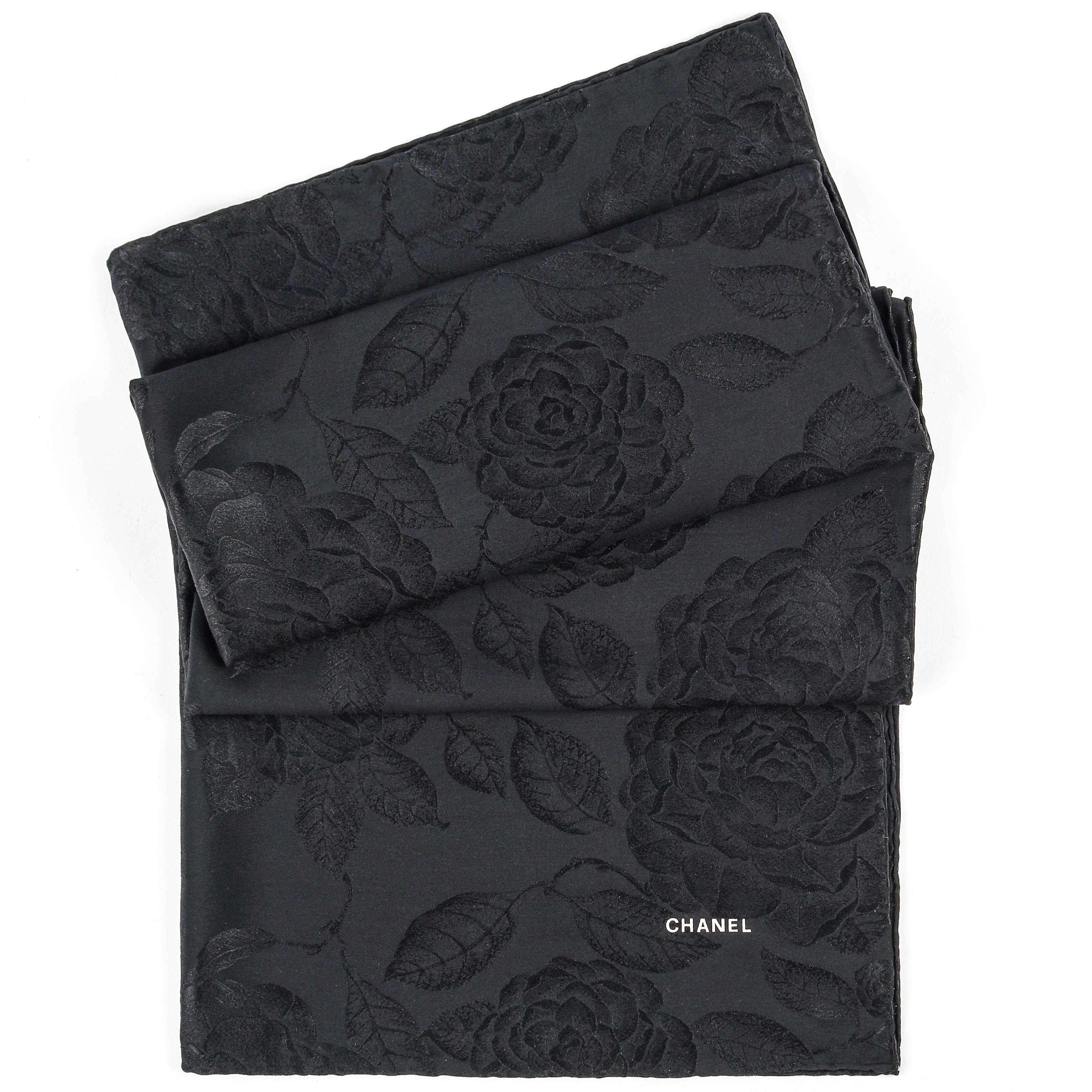 CHANEL Black Satin Camellia Print 100% Silk Large Scarf Wrap Shawl With Box 