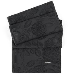 CHANEL Black Satin Camellia Print 100% Silk Large Scarf Wrap Shawl With Box