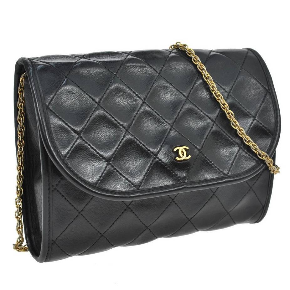 Chanel Vintage Black Leather Gold Chain Small Evening Party Flap Shoulder Bag