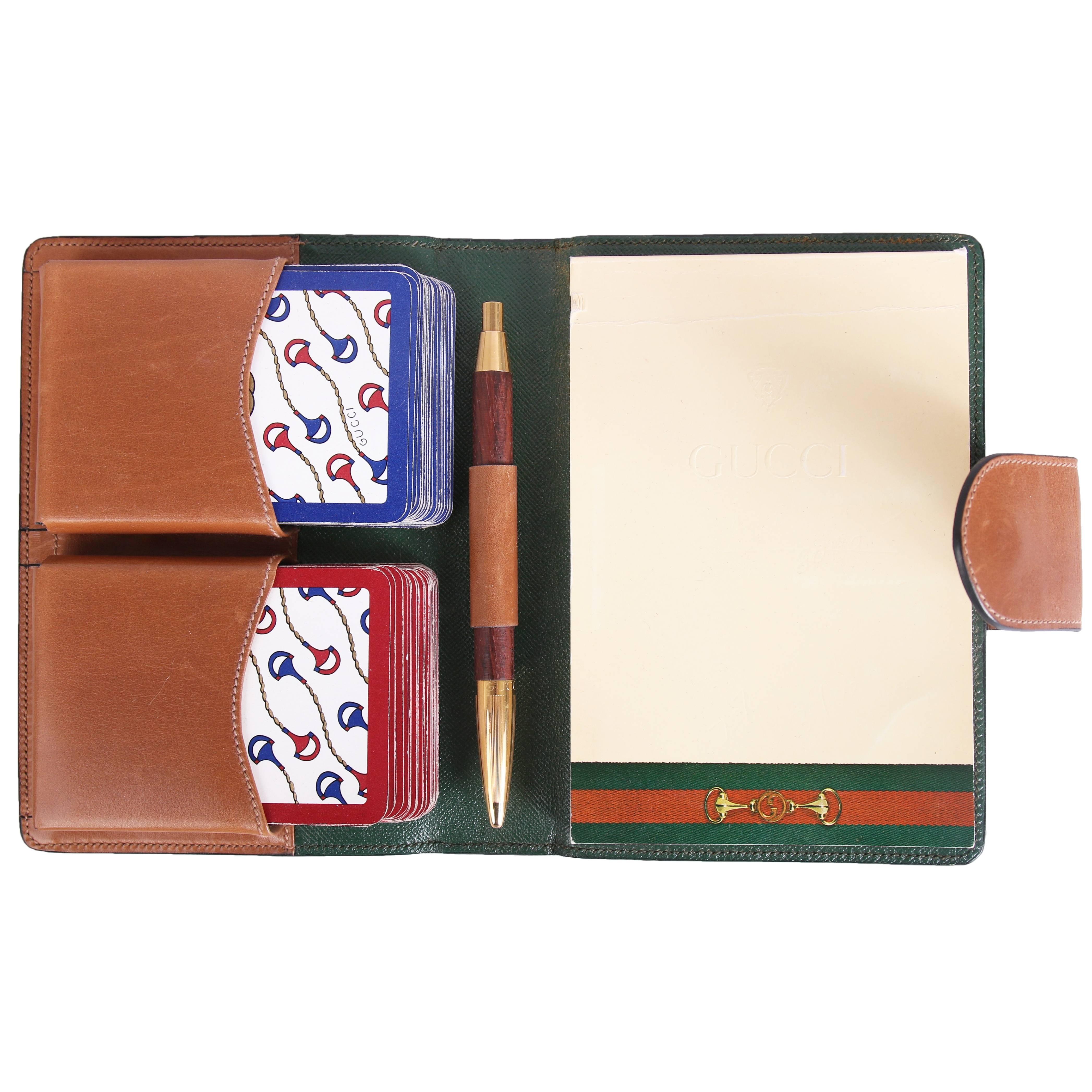 1970's Gucci Leather Bound Game Set W/Playing Cards, Pen, & Notebook