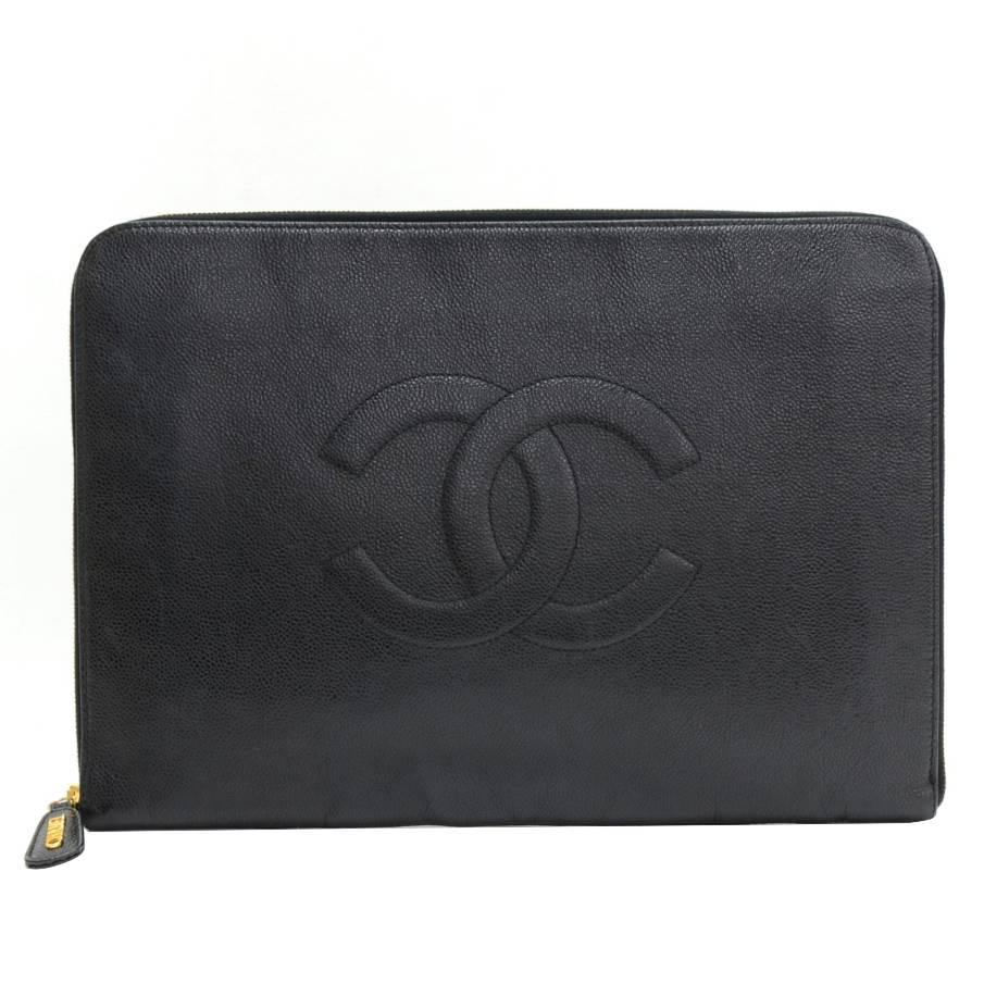 Chanel Black Caviar Leather Document Case Clutch Bag
