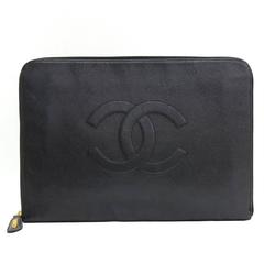 Vintage Chanel Black Caviar Leather Document Case Clutch Bag