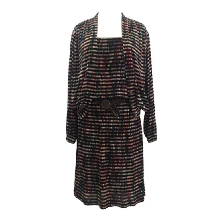 Missoni Silk Jersey Printed Black Cream and Multicolour Dress and Jacket, 1970s  For Sale