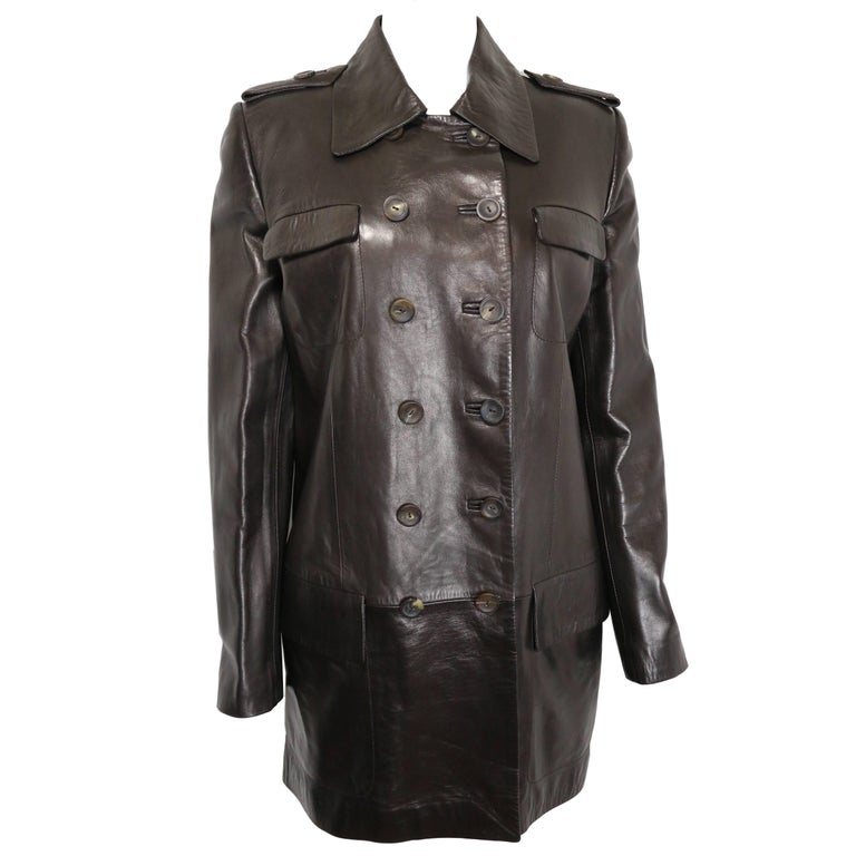 Gucci by Tom Ford Brown Lambskin Leather Double Breasted Jacket at 